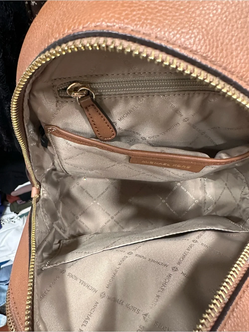 Michael Kors Brown Logo-Print Backpack with Tan Trim